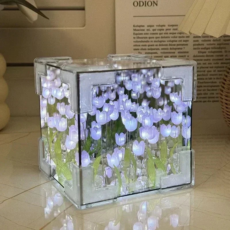 DIY Tulip Mirror Night Light – 3D Floral Cube Lamp Gift for Her
