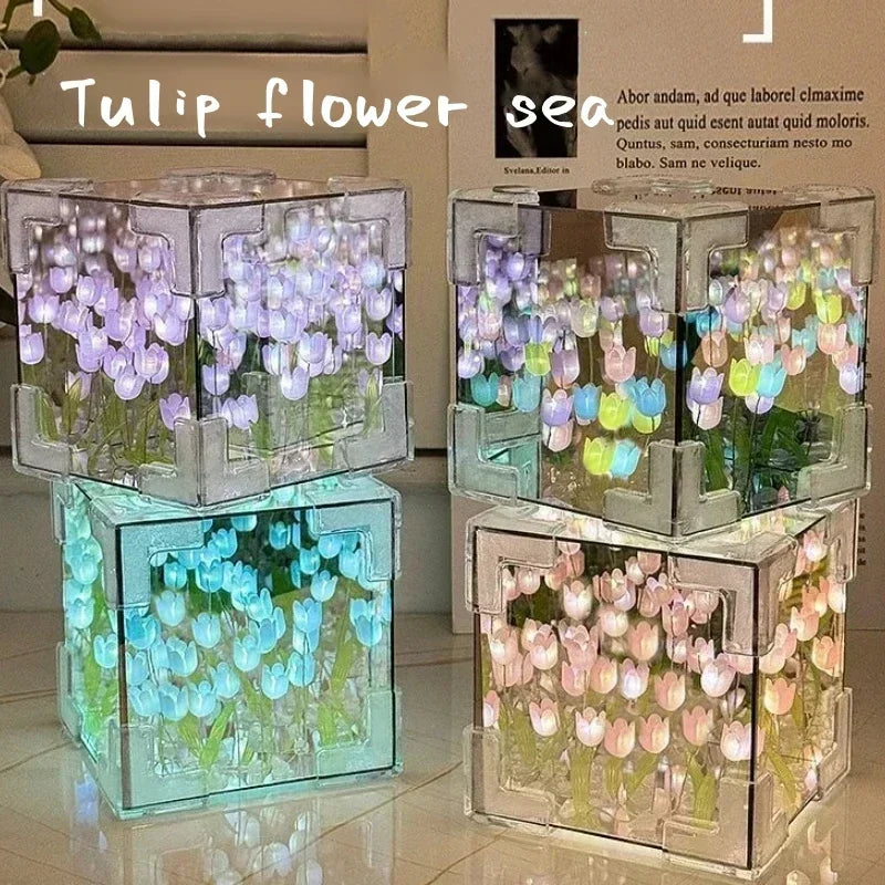 DIY Tulip Mirror Night Light – 3D Floral Cube Lamp Gift for Her