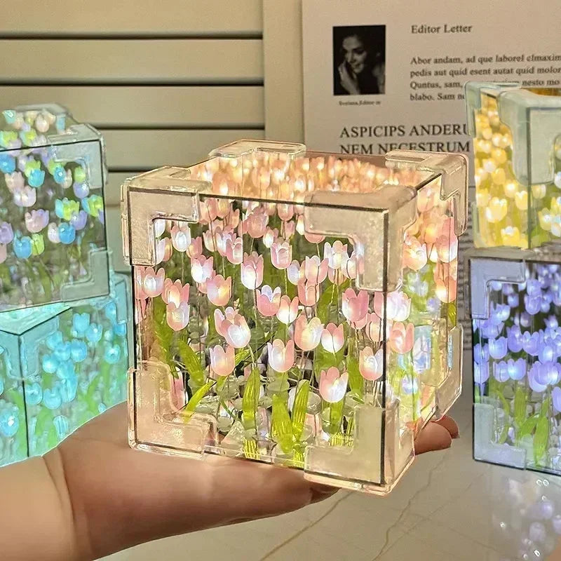 DIY Tulip Mirror Night Light – 3D Floral Cube Lamp Gift for Her