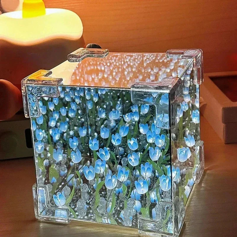 DIY Tulip Mirror Night Light – 3D Floral Cube Lamp Gift for Her