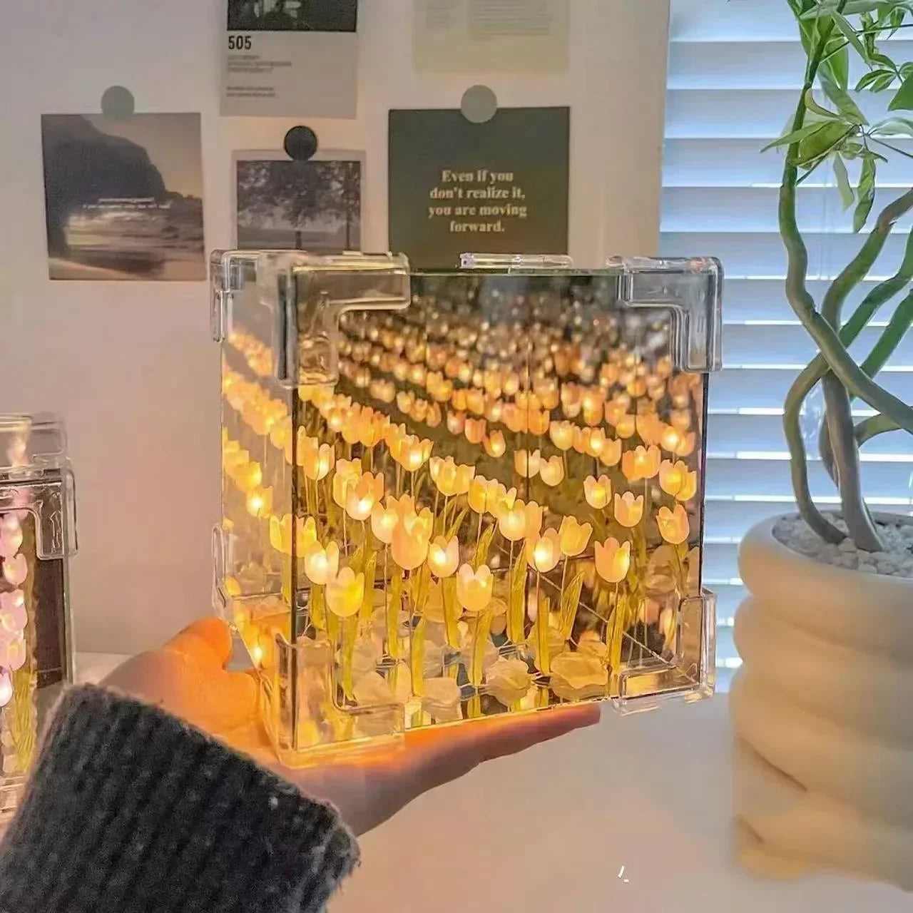 DIY Tulip Mirror Night Light – 3D Floral Cube Lamp Gift for Her