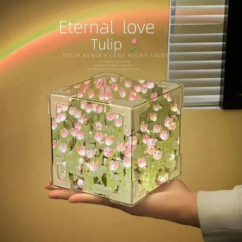 DIY Tulip Mirror Night Light – 3D Floral Cube Lamp Gift for Her