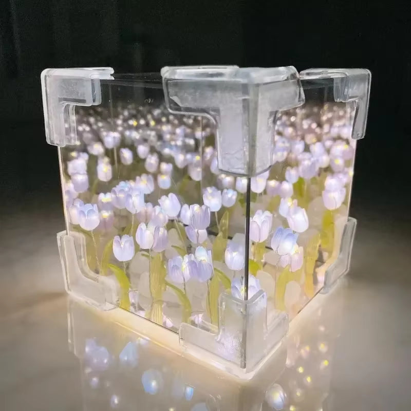 DIY Tulip Mirror Night Light – 3D Floral Cube Lamp Gift for Her