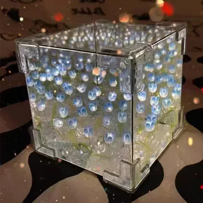 DIY Tulip Mirror Night Light – 3D Floral Cube Lamp Gift for Her