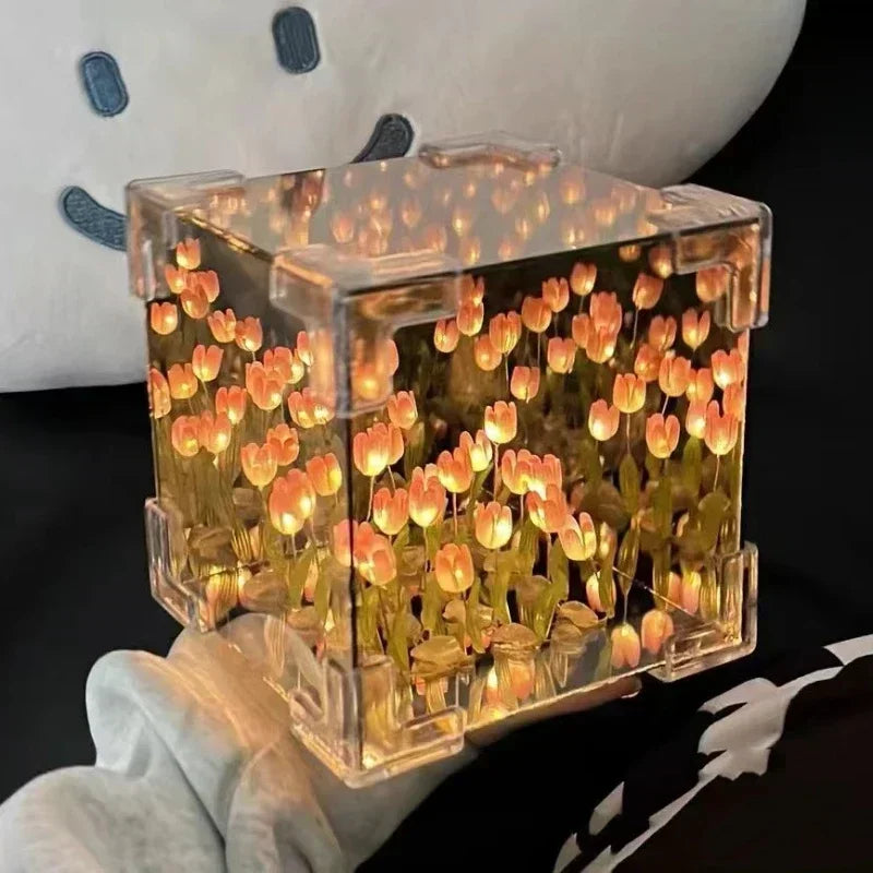DIY Tulip Mirror Night Light – 3D Floral Cube Lamp Gift for Her
